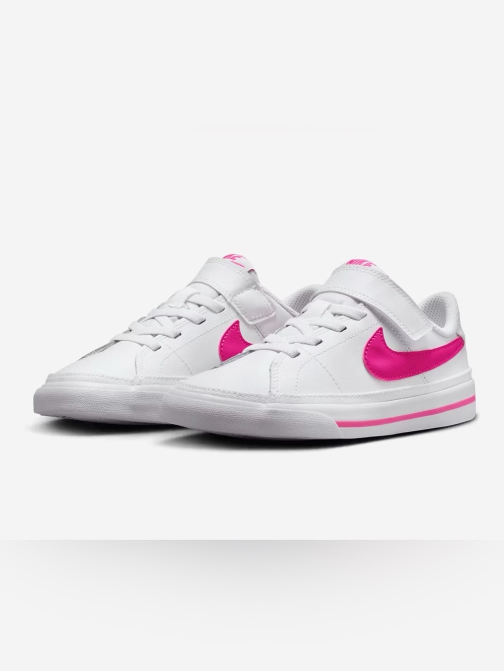 Nike Kids Court Legacy White Sneakers with Hot Pink Swoosh